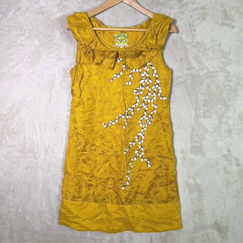 Anthropologie Floreat Catkins Dress Womens 6 Linen Silk Embroidered Jacquard - Picture 1 of 12